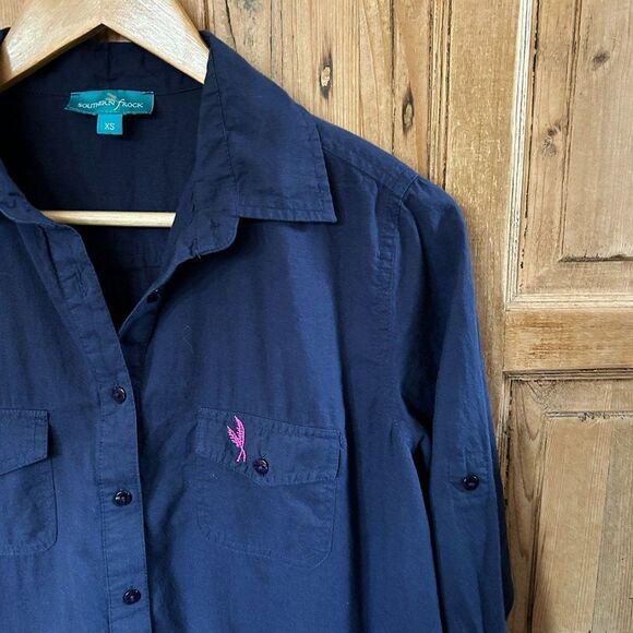 Southern Frock XS Navy Blue Long Sleeve Half Button Blouse‎ Lightweight Tunic - Picture 5 of 9